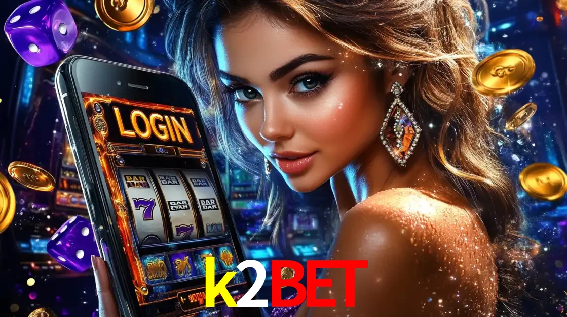 Mulher glamorosa segurando um smartphone com a tela de login para os jogos de caça-níqueis do cassino online k2bet, com moedas de ouro e dados ao redor.