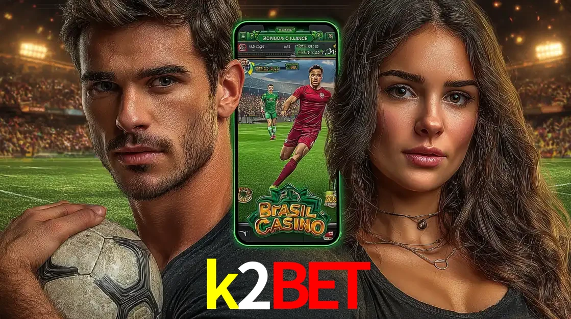 Homem segurando uma bola de futebol e uma mulher ao lado de um smartphone exibindo o jogo de apostas esportivas da k2bet. Faça seu palpite no cassino online.